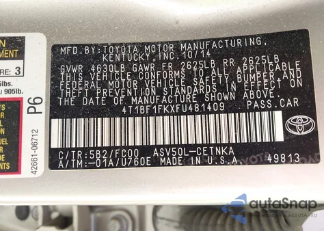 2015 Toyota Camry Le from USA, damaged, VIN 4T1BF1FKXFU481409